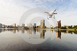 A dDrone Quadcopter Hoovers over Lake Merritt Oakland California