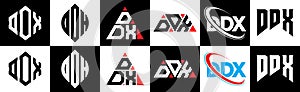 DDX letter logo design in six style. DDX polygon, circle, triangle, hexagon, flat and simple style with black and white color