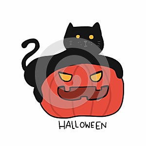 Black cat and pumpkin monster Halloween cartoon  illustration