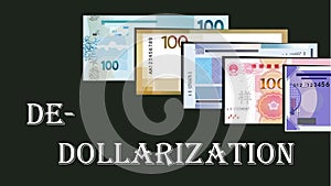 De-dollarization concept. Alternate global reserve currency. Money. Central bank notes. 100 bill cash. Vector illustration.