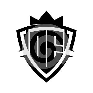 DE Letter bold monogram triangle curve shield shape with crown black and white background color design photo