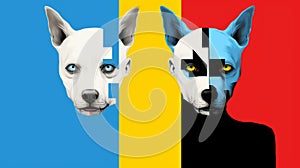 De Stijl Inspired Dogs Face Off On Colorful Background photo