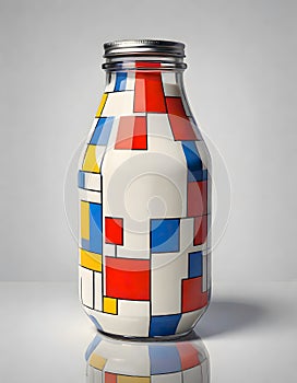 De stijl inspired milk bottle design with geometric shapes and primary colors, Generative AI