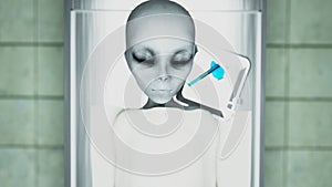 The dead alien in the morgue on the table. Futuristic autopsy concept. 3d rendering.