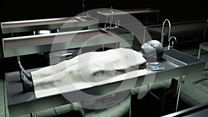 The dead alien in the morgue on the table. Futuristic autopsy concept. 3d rendering.