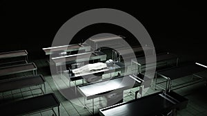 The dead alien in the morgue on the table. Futuristic autopsy concept. 3d rendering.