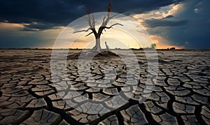 Lonely dead tree under dramatic cloudy sky at drought cracked desert landscape