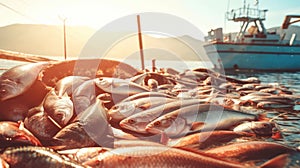 Dead catches on a fishing ship. Negative impact of Ocean acidosis on fish populations and commercial activities. The concept of photo