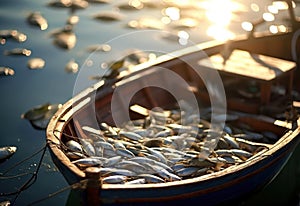 Dead catches on a fishing ship. Negative impact of Ocean acidosis on fish populations and commercial activities. The concept of photo