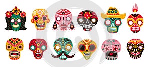 Dead day skulls. Mexican sugar human head bones halloween tattoo dia de los muertos vector set