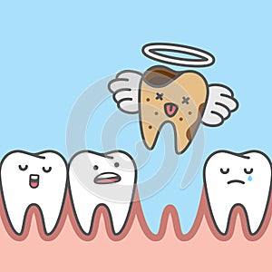 Dead decay tooth missing go to heaven illustration cartoon character vector design on blue background.  Dental care concept