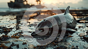 A dead dolphin, covered in oil, lies on the beach next to the ship. The scene is dark and sad