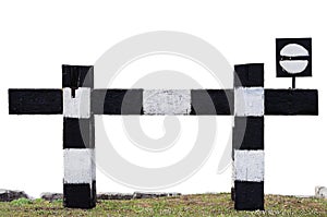 Dead end no through train railroad traffic sign isolated weathered old grungy railway stop symbol signal signage black white retro