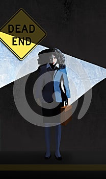 A dead end sign and a business woman with her briefcase are seen together in a shaft of light in an urban setting