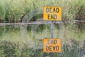 Dead End sign on a Lake in Water with reflection