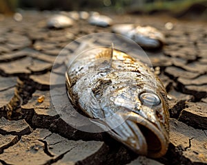 Dead fish lies on parched earth symbolizing environmental challenges and water scarcity, water scarcity and drying rivers image