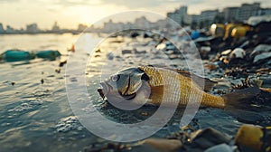 Dead fish on polluted beach at sunset