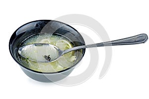 Dead fly in the bowl of soup. White background