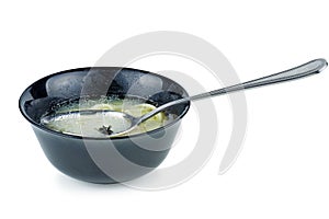 Dead fly in the bowl of soup. White background