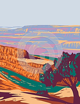 Dead Horse Point State Park with overlook of Colorado River and Canyonlands National Park Utah USA WPA Poster Art