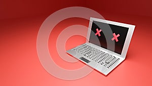 Dead laptop on red background. Technical service support concept. 3d illustration