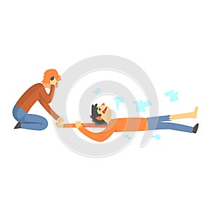 Dead man after a car accident, woman calling the emergency service cartoon characters vector Illustration