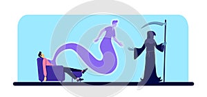 Dead man and grim reaper flat color vector illustration