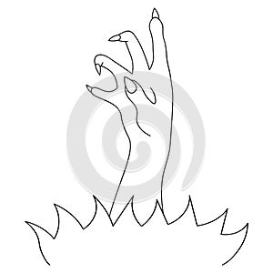 The dead man hand made its way to the surface. Sketch. Curved fingers with sharp claws. Vector illustration. Doodle style.