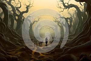 dead mangled trees and tiny people in polluted wasteland