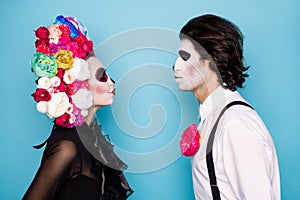 Dead marriage. Profile photo of scary couple man bride lady close distance send air kisses close eyes wear black dress