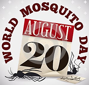 Dead Mosquitoes, Old Loose-leaf Calendar, Malaria Draw for Mosquito Day, Vector Illustration