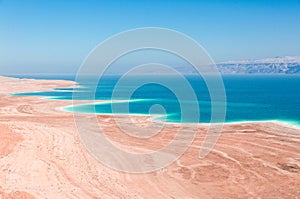 Dead Sea coastline in desert uninhabited extraterrestrial landscape