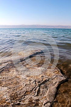 Dead Sea coastline, salt crystals in sand
