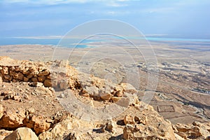 The Dead Sea and desert panoramic view from Masada fortress, Israel