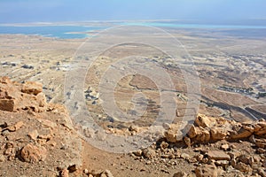 The Dead Sea and desert panoramic view from Masada fortress, Israel