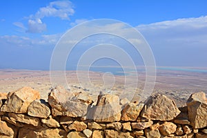 The Dead Sea and desert panoramic view from Masada fortress, Israel