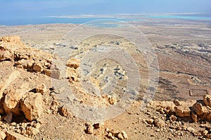 The Dead Sea and desert panoramic view from Masada fortress, Israel