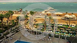 Dead sea hotel beach landscape. Israel.