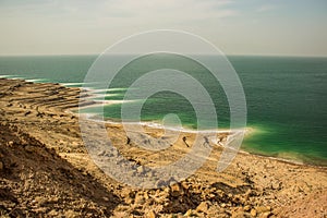 Dead sea wilderness coast beach cliffs Middle East health care destination scenic landscape top view aerial photography with empty