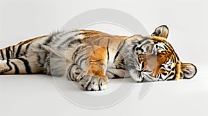 dead tiger laying down on white background