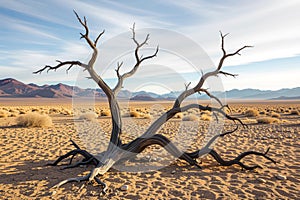 Dead Tree in Arid Desert Landscape with Dramatic Textures and Mountain Backdrop