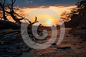 a dead tree on the beach at sunset