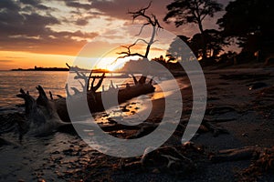 a dead tree on the beach at sunset