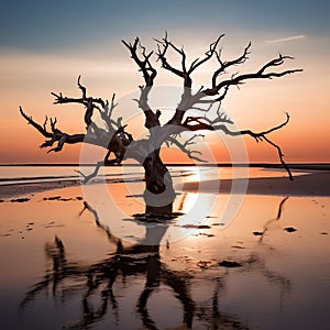 a dead tree on the beach at sunset