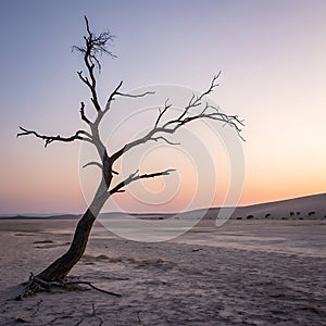 Lone tree in desert landscape at sunset with cracked earth floor.