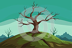 Dead tree on the hill vector art illustration