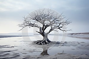 a dead tree in the middle of a beach