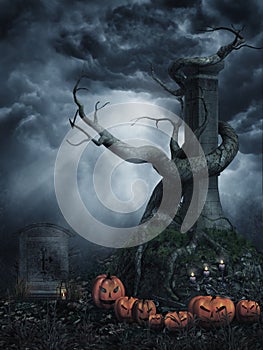 Dead tree with pumpkins