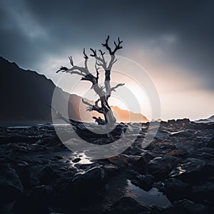 a dead tree on a rocky beach at sunset