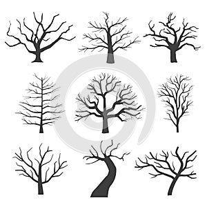 Dead tree silhouettes. Dying black scary trees forest vector illustration